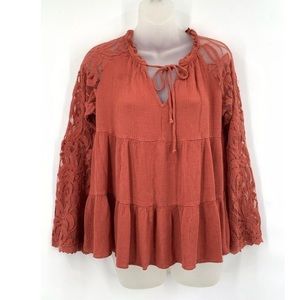 Altar'd State Orange Boho Lace Bell Sleeves Tie V -Neck Front Shirt Size Small